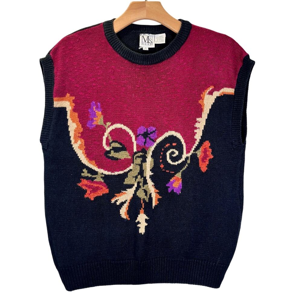 VTG 80s 90s Russ Sweater Vest Sz 1X Knit Black Maroon Floral Cottagecore Witchy